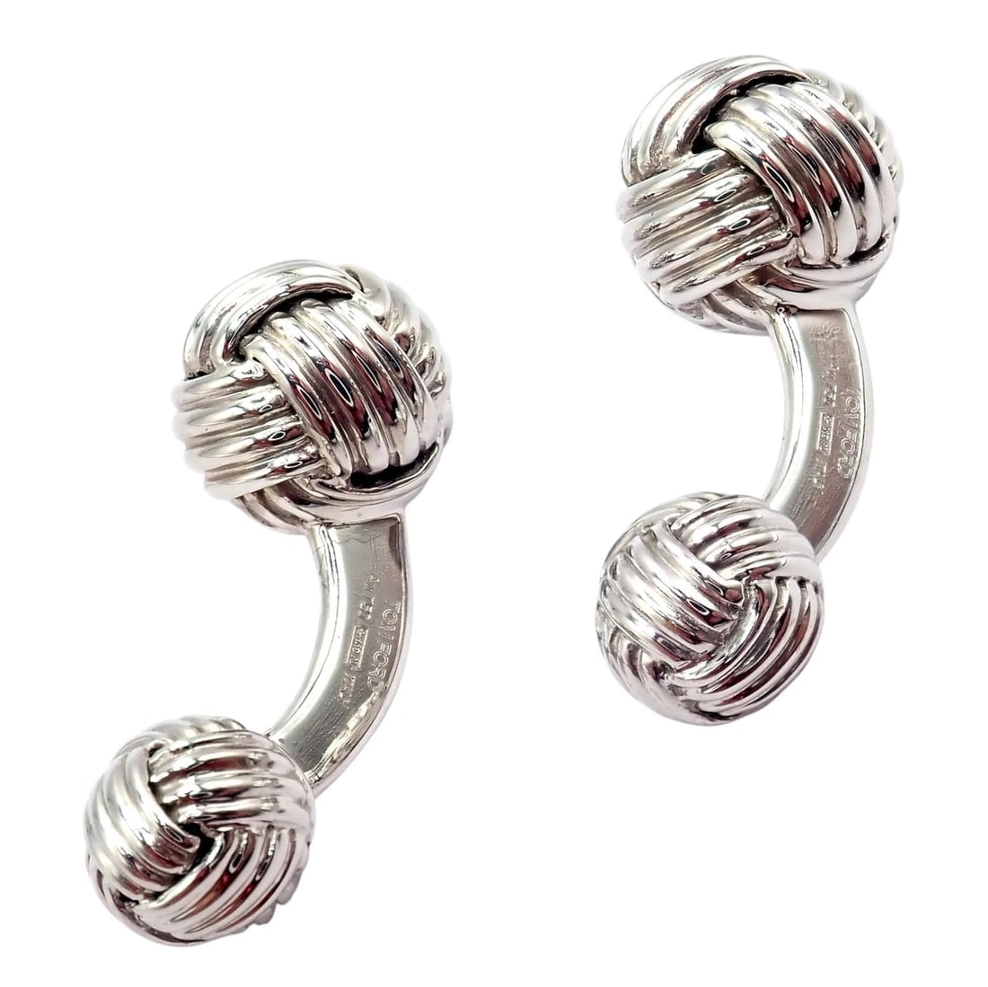 Authentic Tom Ford 18k White Gold Signature Classic Rope Knot Cufflinks: Tom Ford 18k white gold cufflinks featuring the brand’s signature rope-knot motif, sculpted with bold, refined texture. Sleek and modern yet timelessly masculine, they embody luxurious craftsman
