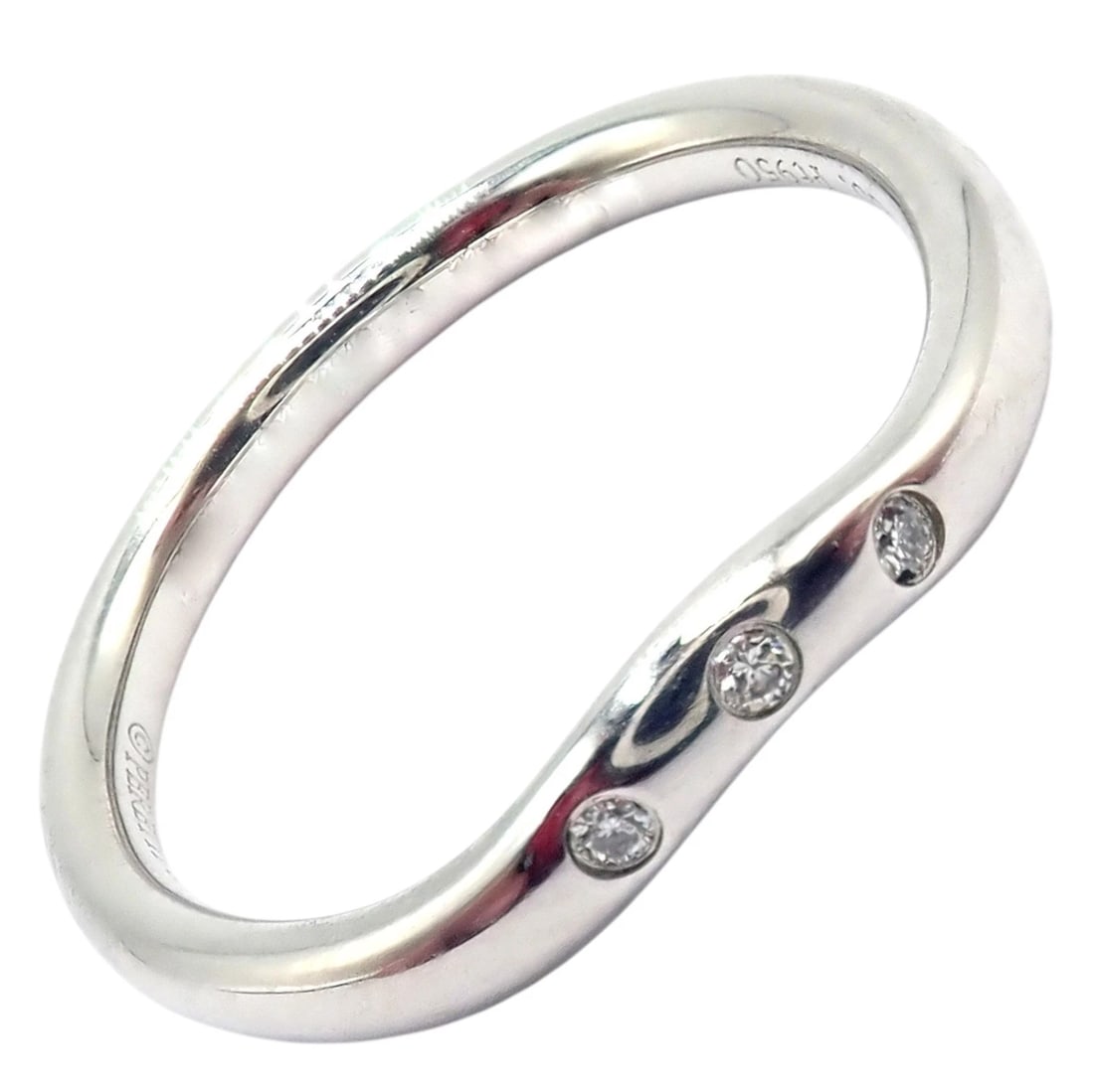 Authentic! Tiffany & Co. Platinum Peretti Diamond Wave Curved 2mm Band Ring sz 5: Elegant Tiffany & Co. Elsa Peretti Wave band crafted in luminous platinum, featuring a fluid, sculptural silhouette. Brilliant round diamonds are bezel-set along the undulating curve, adding subtle sp
