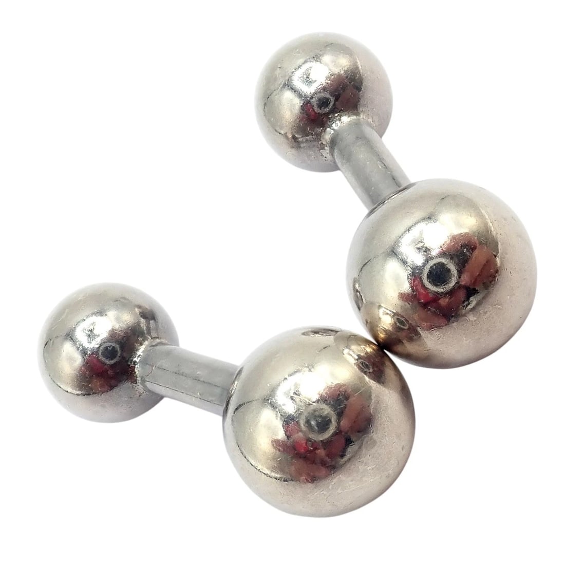 Vintage! Tiffany & Co. Silver Barbell Cufflinks: Tiffany & Co. sterling silver barbell cufflinks featuring a sleek minimalist design with polished spherical terminals and clean modern lines. Elegant and understated, these classic cufflinks reflect T