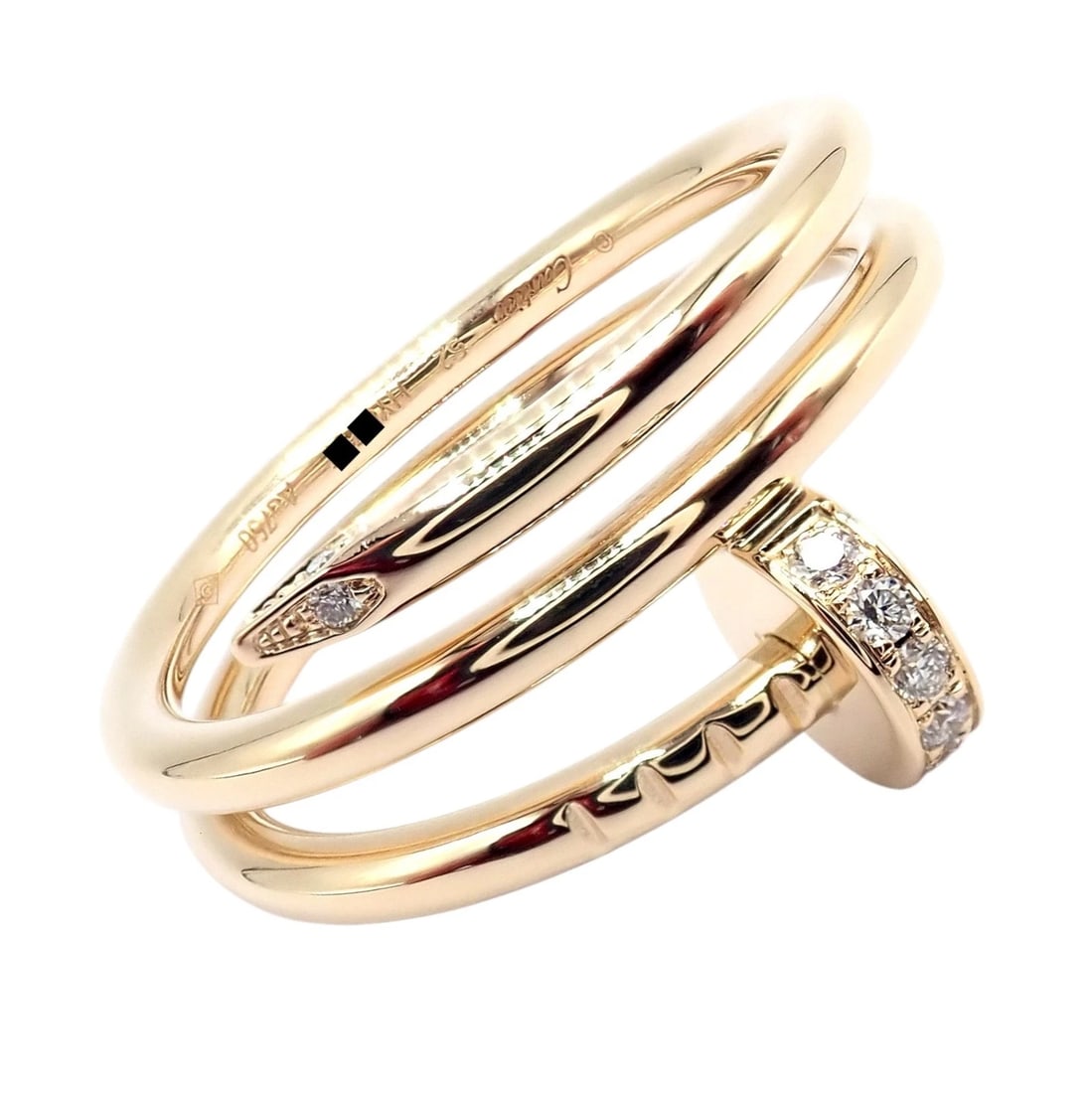 Authentic! Cartier Juste Un Clou 18k Yellow Gold Diamond Nail Band Ring 4.25: Crafted in 18k yellow gold, this Cartier Juste un Clou ring reimagines an ordinary nail as a bold, sculptural jewel. The sleek, coiled design wraps the finger, accented with brilliant-cut diamonds alo