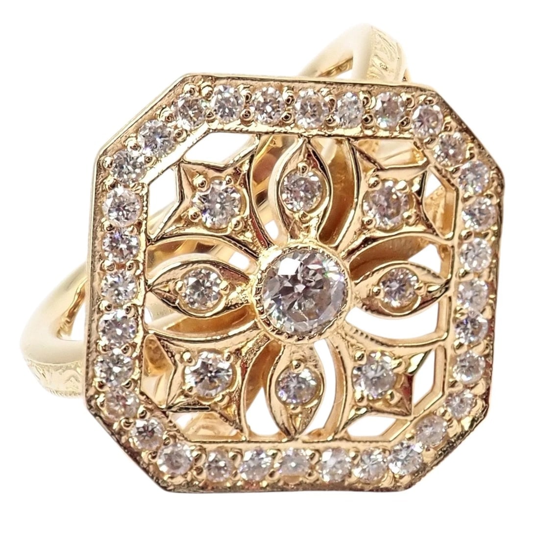 Authentic Loree Rodkin 18k Yellow Gold Diamond Gothic Cross Ring: This Loree Rodkin 18k yellow gold ring features an ornate diamond-studded cross motif framed within an octagonal halo. Intricate gothic detailing and brilliant pavé diamonds create a luxurious, r