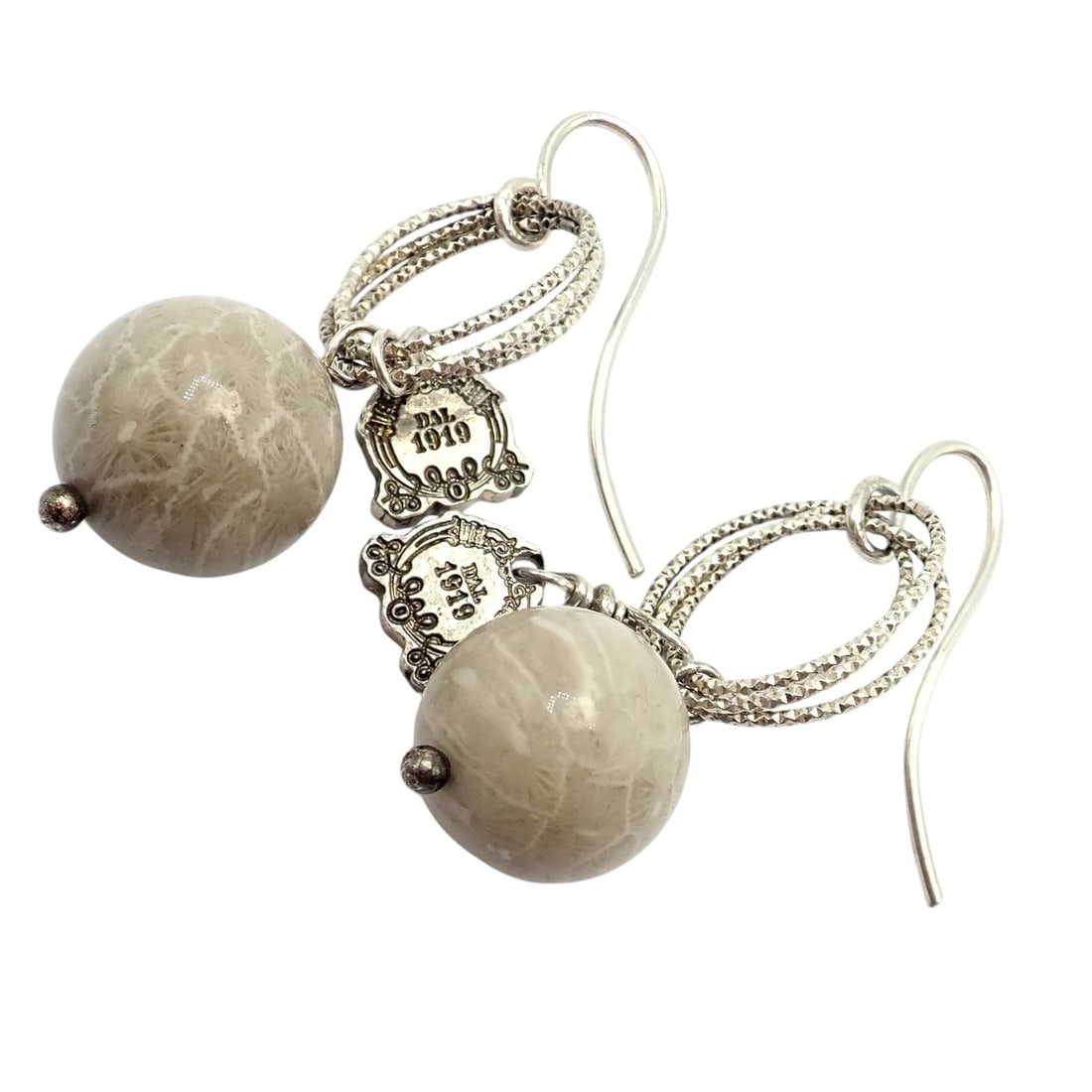 Rare! Mario Buccellati Free Time Silver Oval River Stone Earrings: Rare Mario Buccellati Free Time earrings crafted in sterling silver, featuring textured oval hoops with luminous river stone bead drops. Delicate charms engraved “DAL 1919” celebrate the h