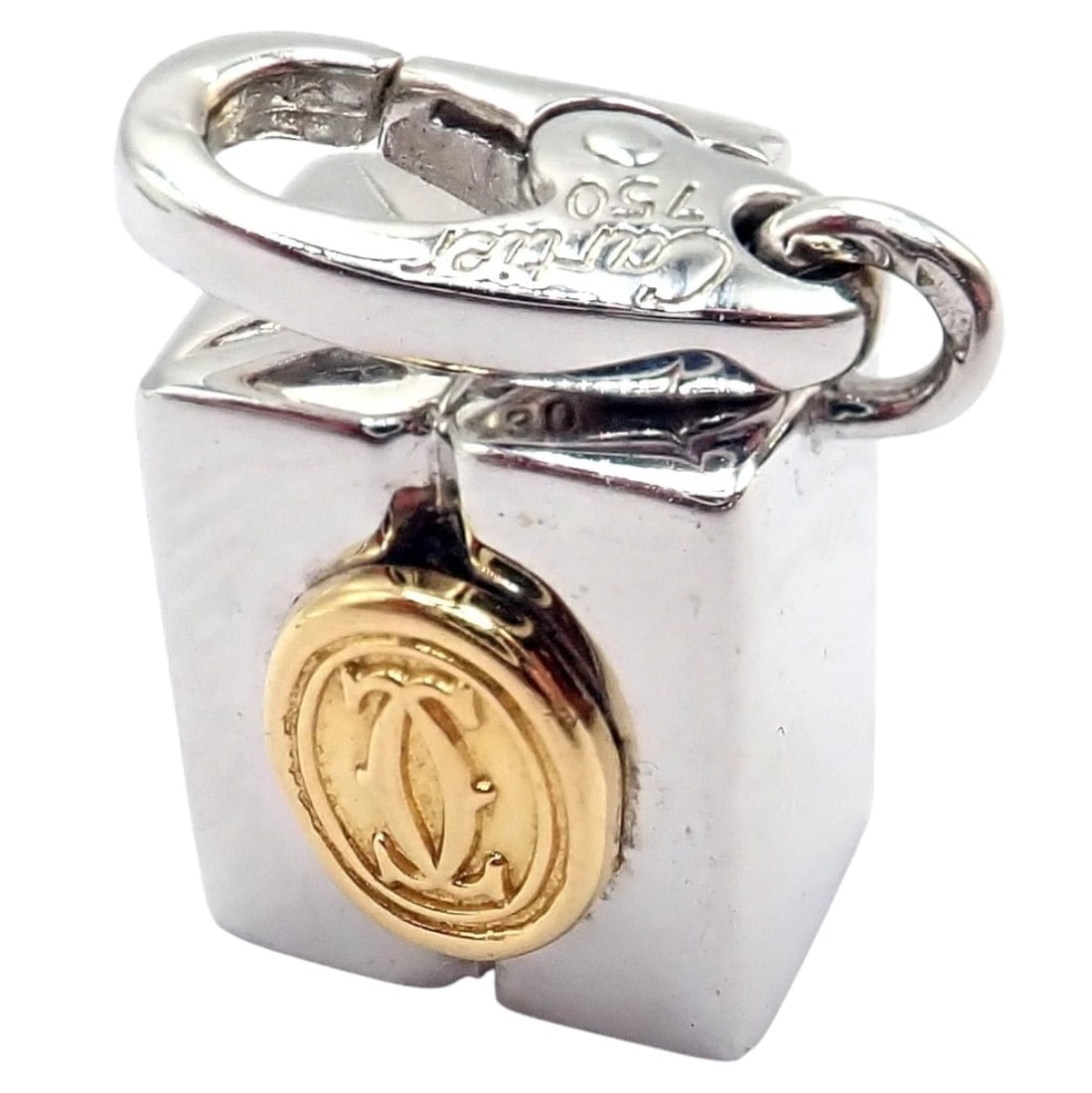 Authentic! Vintage Cartier 18k Yellow White Gold Gift Box Double C Charm Pendant: Vintage Cartier charm pendant crafted as a polished white gold gift box adorned with an 18k yellow gold Cartier Double C logo. Playful yet luxurious, it showcases Cartier’s iconic elegance and r