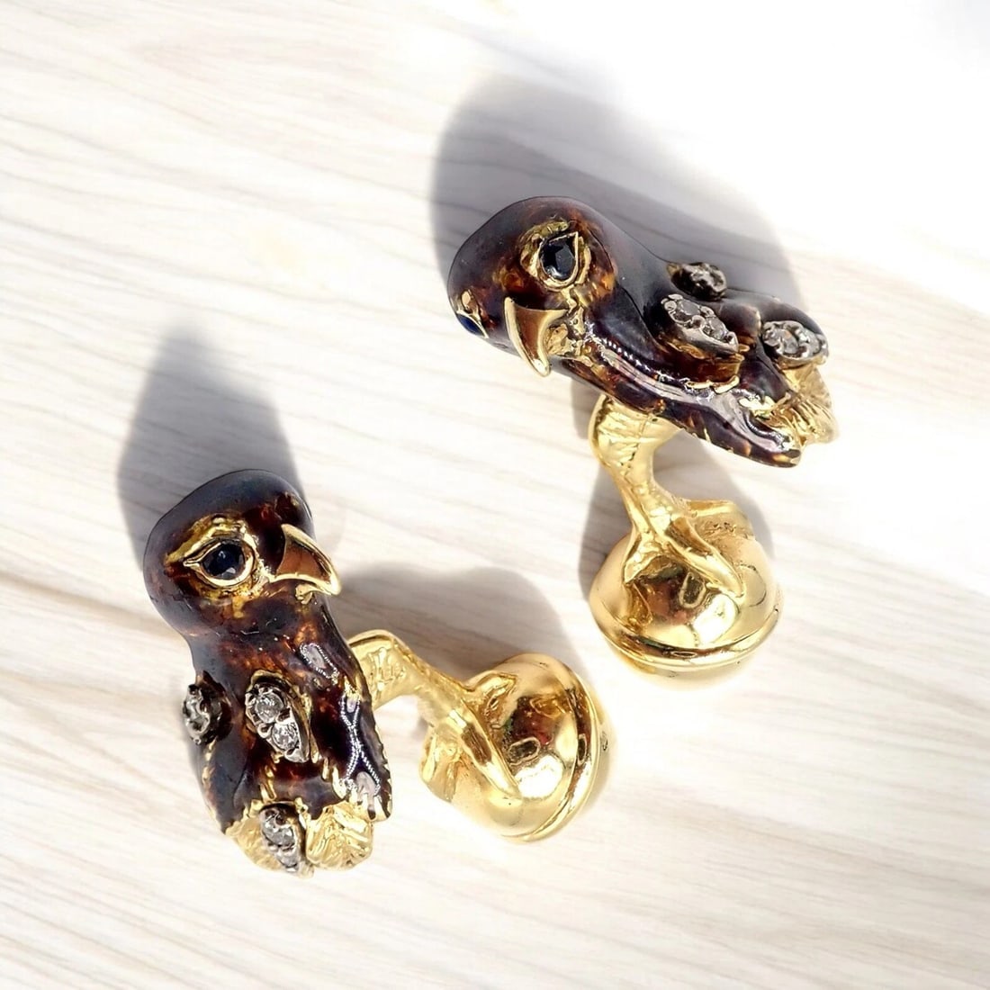 Vintage Tiffany & Co. 18k Yellow Gold Diamond Enamel Falcon Eagle Bird Cufflinks (1 of 11)