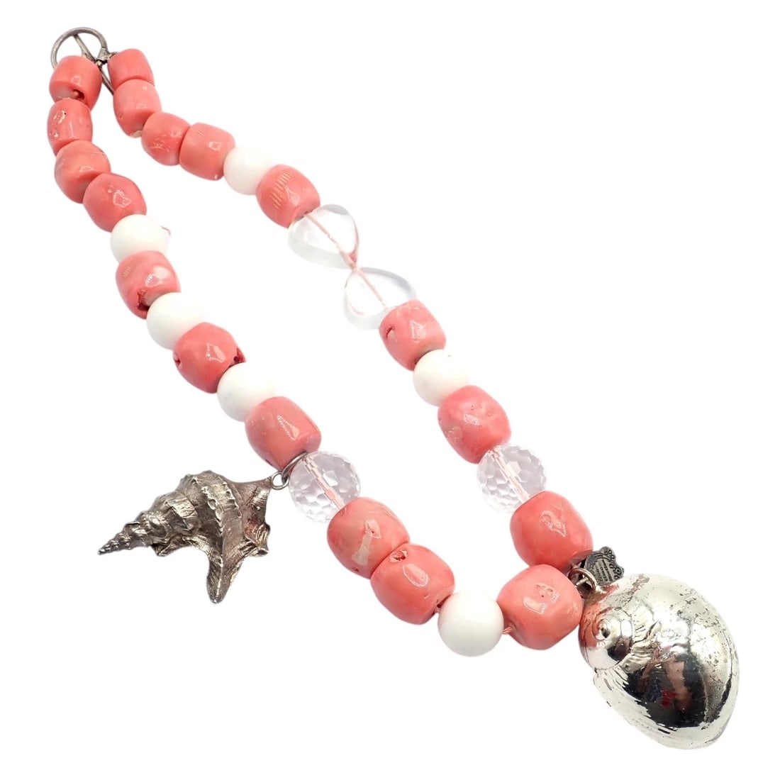 Rare! Vintage Mario Buccellati Free Time Silver Large Pink Coral Necklace 17.5": Vintage Mario Buccellati Free Time necklace showcases oversized pink coral beads accented with luminous white beads and faceted crystal elements. Playful large sterling silver shell charms create a wh