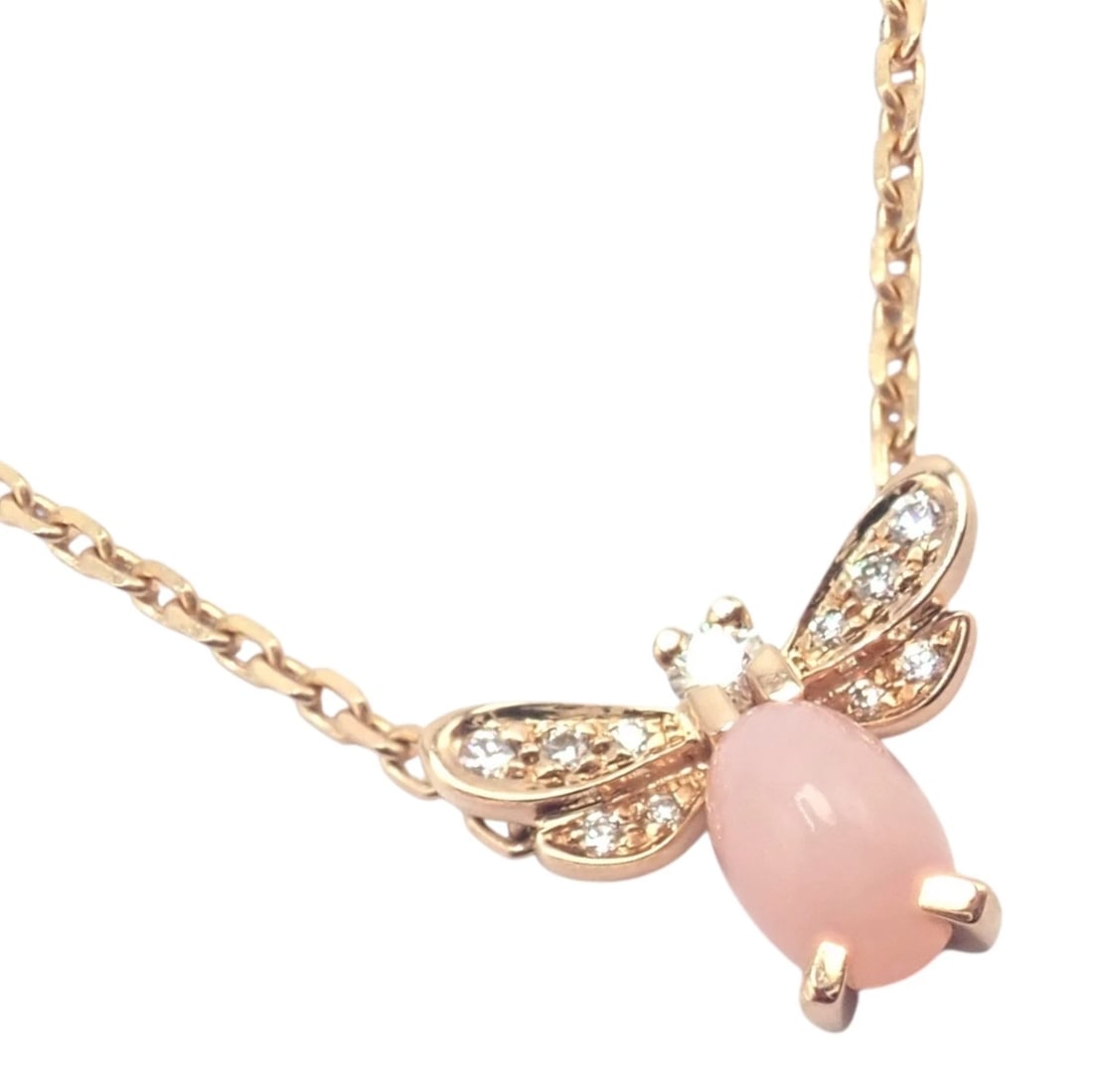 Authentic! Chaumet 18k Rose Gold Attrape Moi Diamond Pink Opal Necklace: Crafted in luminous 18k rose gold, this Chaumet Attrape-Moi necklace captures delicate elegance. A soft pink opal cabochon glows at the center, framed by fluttering diamond-set wings. Romantic and ref