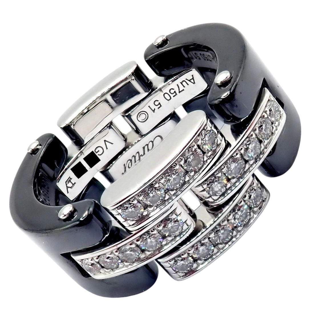 Cartier 18k White Gold Diamond Ceramic Maillon Panthere Ring Size 51 US 5.75: Cartier 18k white gold and black ceramic Maillon Panthère ring, size 51, featuring signature interlocking links accented with brilliant pavé diamonds. Bold and contemporary, it blends sleek 