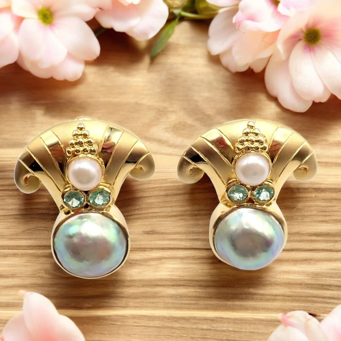 Rare! Vintage Paula Crevoshay 18k Gold Abalone Pearl Blue Gemstone Earrings OOAK (1 of 10)