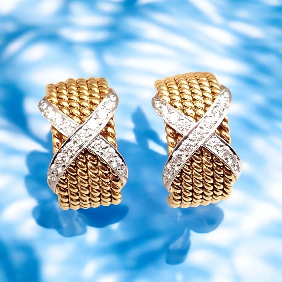 Tiffany & Co Schlumberger 18k Yellow Gold Platinum Diamond 6 Row Rope X Earrings: Tiffany & Co Schlumberger 18k Yellow Gold Platinum Diamond 6 Row Rope X Earrings Tiffany & Co Schlumberger 18k Yellow Gold Platinum Diamond 6 Row Rope X Earrings Product Description About This Piece: 