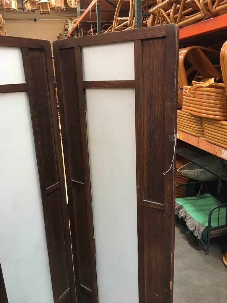 Art Deco Frosted Glass and Oak Slat Folding Screen Room Divider - 5
