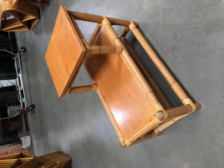 Restored Stick Leg Rattan Side Table with Two-Tier Wood Tops - 4
