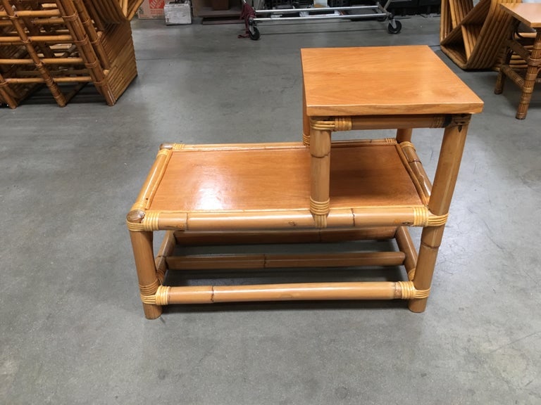 Restored Stick Leg Rattan Side Table with Two-Tier Wood Tops - 5
