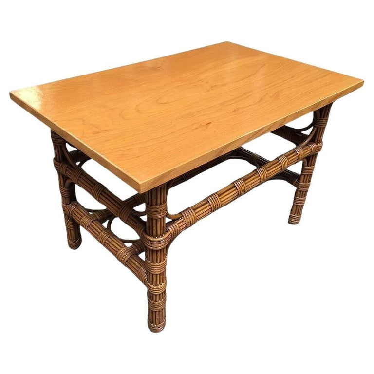 Restored Stick Rattan Side Table with Bleached Mahogany Top - 2