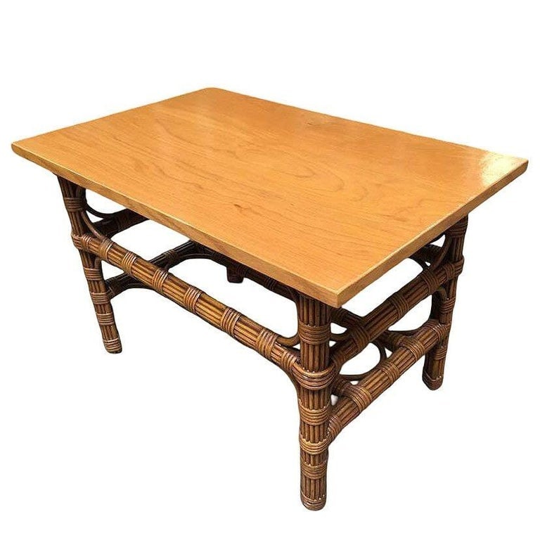 Restored Stick Rattan Side Table with Bleached Mahogany Top - 4