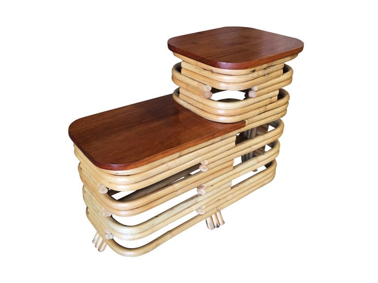 Pair Art Deco Stacked Rattan Side Table with Legs - 3