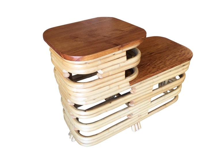 Pair Art Deco Stacked Rattan Side Table with Legs - 4
