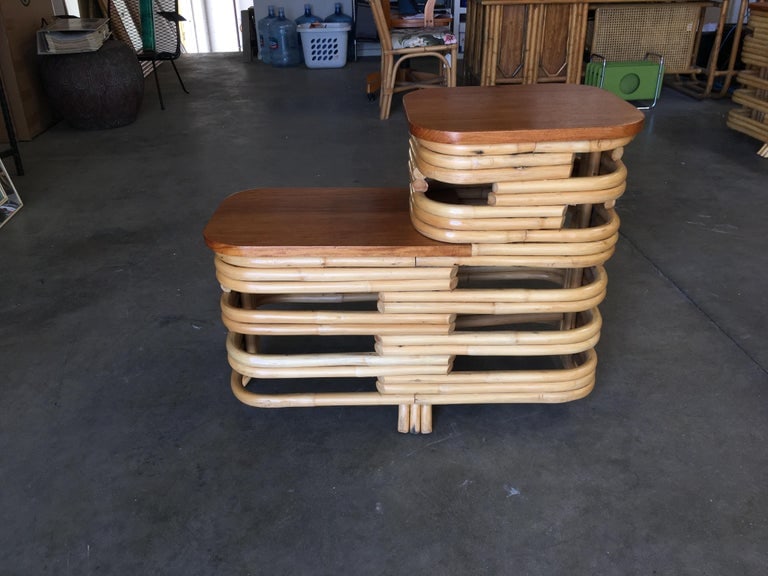 Pair Art Deco Stacked Rattan Side Table with Legs - 7