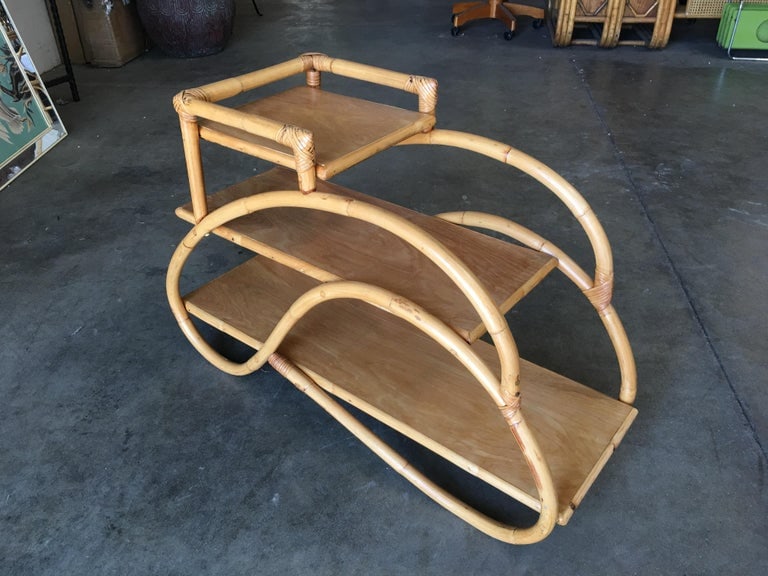 Restored Rattan "Double S" Side Table with Three-Tier Mahogany Tops - 5