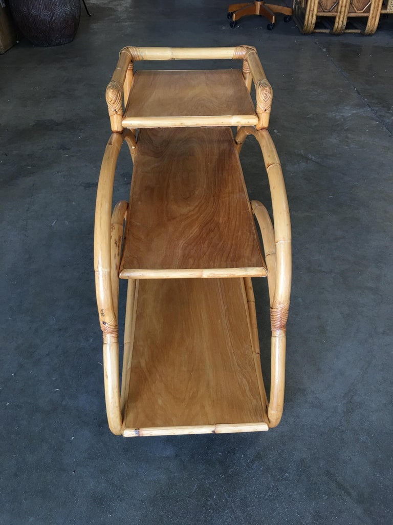 Restored Rattan "Double S" Side Table with Three-Tier Mahogany Tops - 6