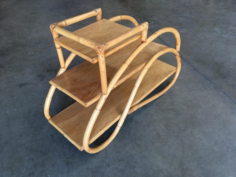 Restored Rattan "Double S" Side Table with Three-Tier Mahogany Tops - 9