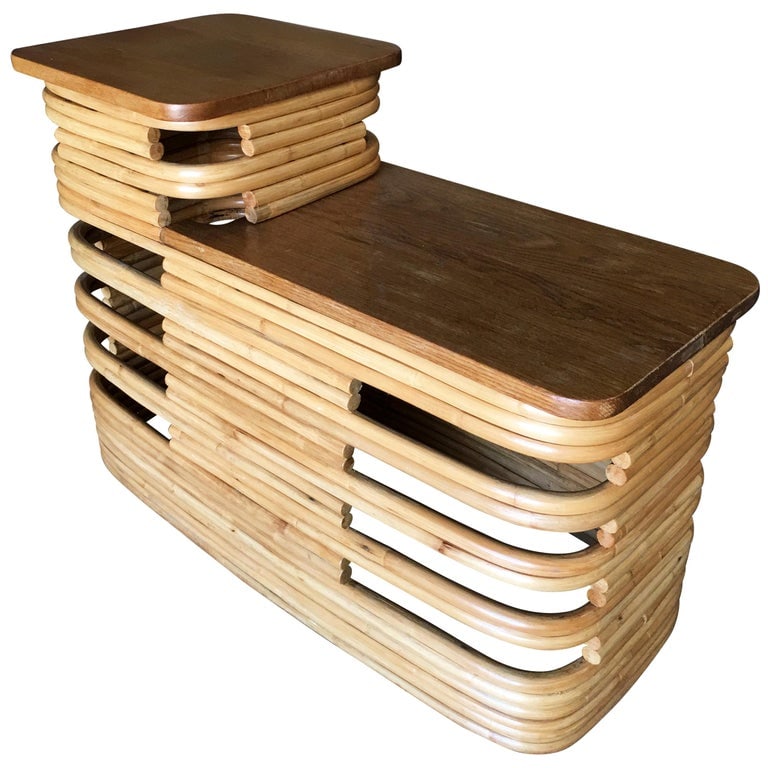 Paul Frankl-Style Stacked Rattan Side Tables with Mahogany Top, Pair, circa 1930 - 3