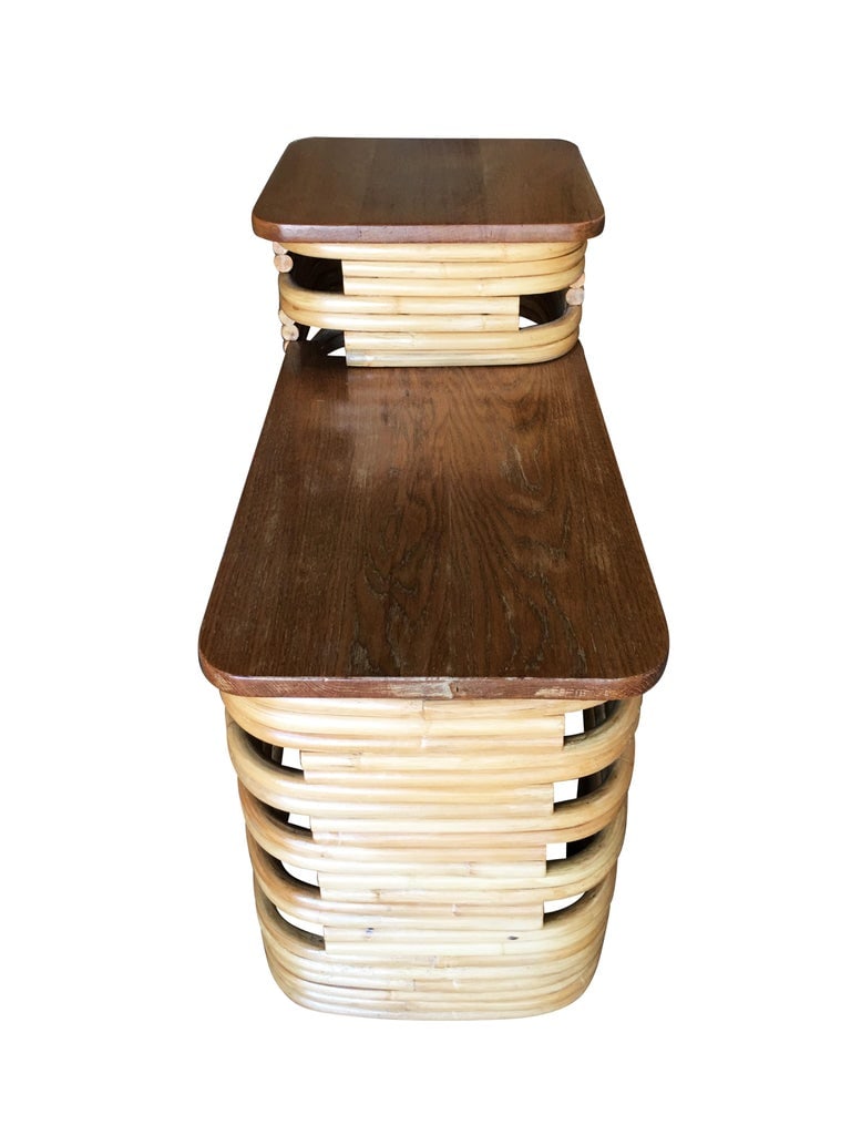 Paul Frankl-Style Stacked Rattan Side Tables with Mahogany Top, Pair, circa 1930 - 4