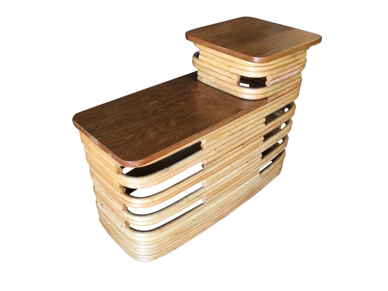 Paul Frankl-Style Stacked Rattan Side Tables with Mahogany Top, Pair, circa 1930 - 5
