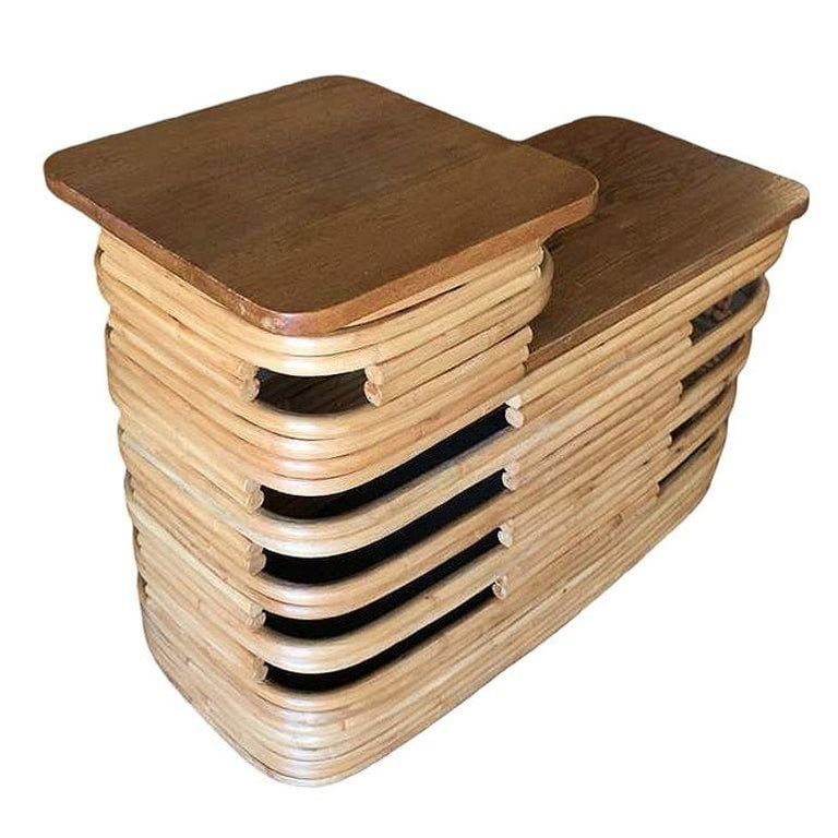 Paul Frankl-Style Stacked Rattan Side Tables with Mahogany Top, Pair, circa 1930 - 8