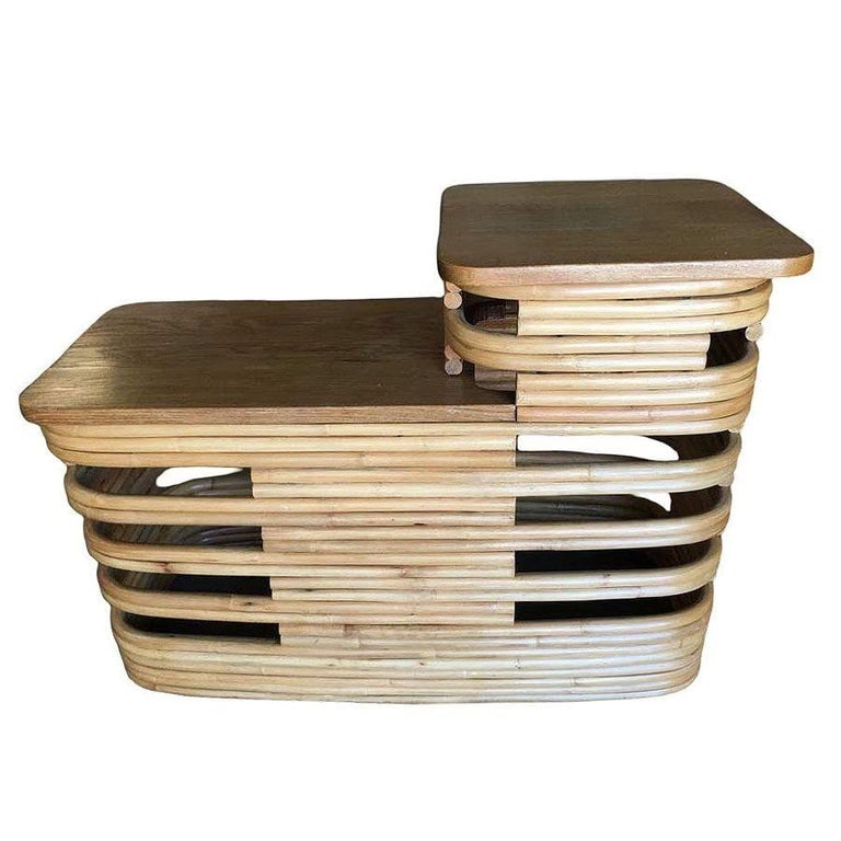 Paul Frankl-Style Stacked Rattan Side Tables with Mahogany Top, Pair, circa 1930 - 9