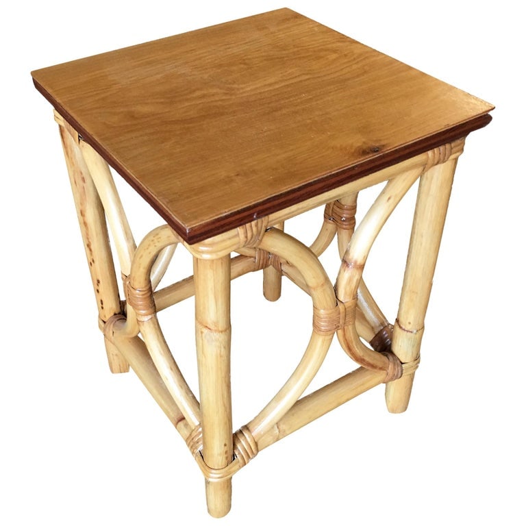 Restored Pre-WWII Rattan "Twin Arch" Side Table with Solid Mahogany Top - 2