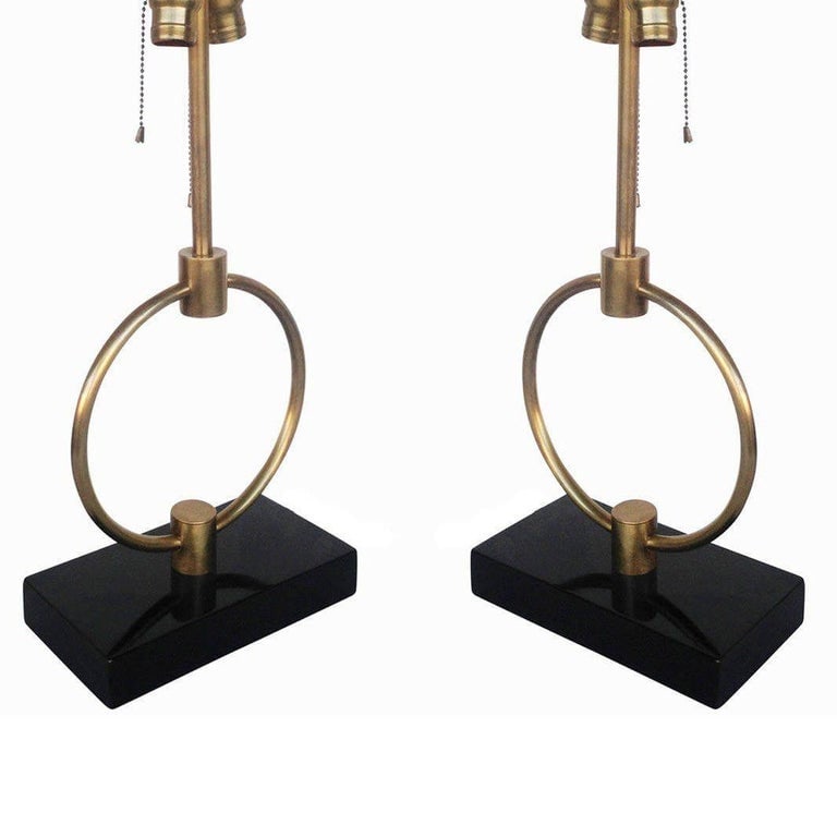 Mid-century Gilbert Rohde Style Brass Ring Table Lamp, Pair - 3