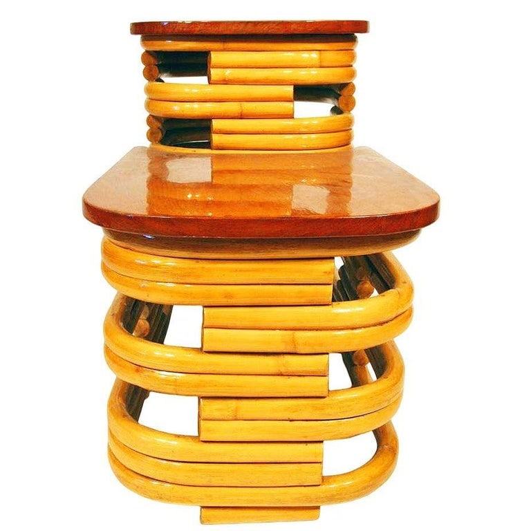 Restored MCM Stacked Rattan Two-Tier Side Table w/ Mahogany Top, 2 Available - 3
