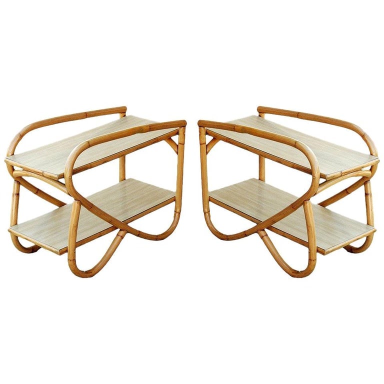 Restored Rattan Side Table with Two-Tier Formica Tops, Pair - 2
