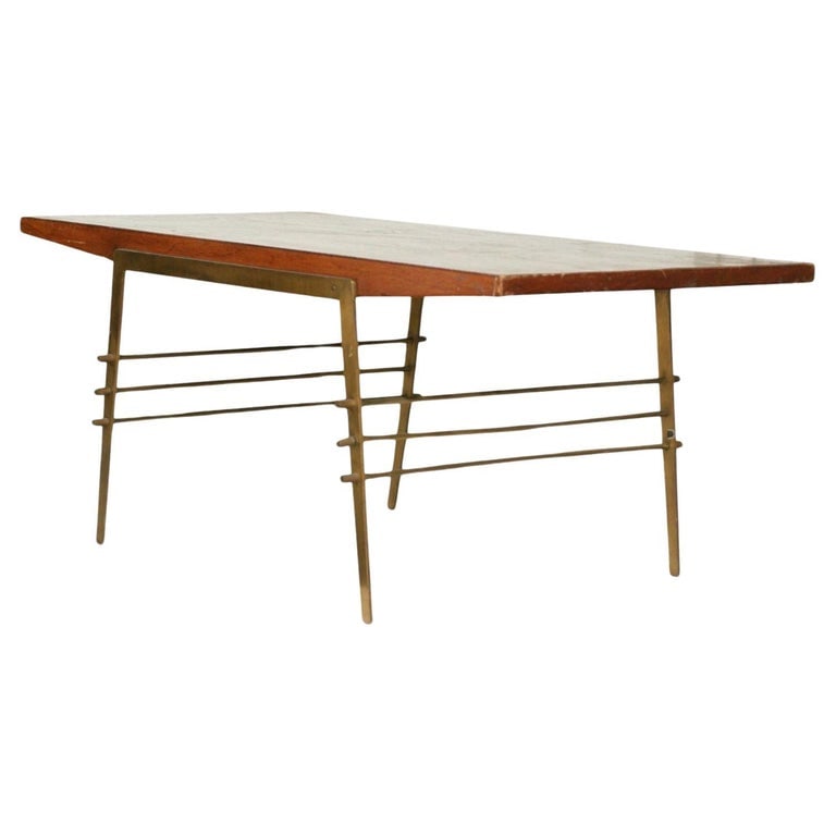 Midcentury Oak Coffee Table with Brass Architectural Base - 2