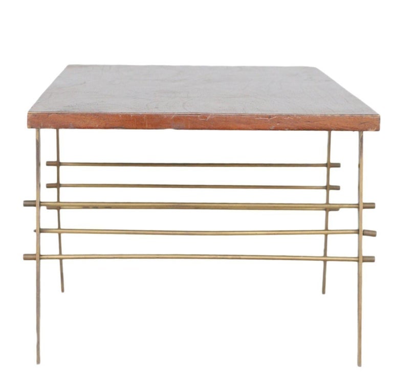 Midcentury Oak Coffee Table with Brass Architectural Base - 5
