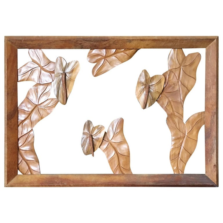Large Hand Carved Koa Wood Anthurium Wall Art - 2