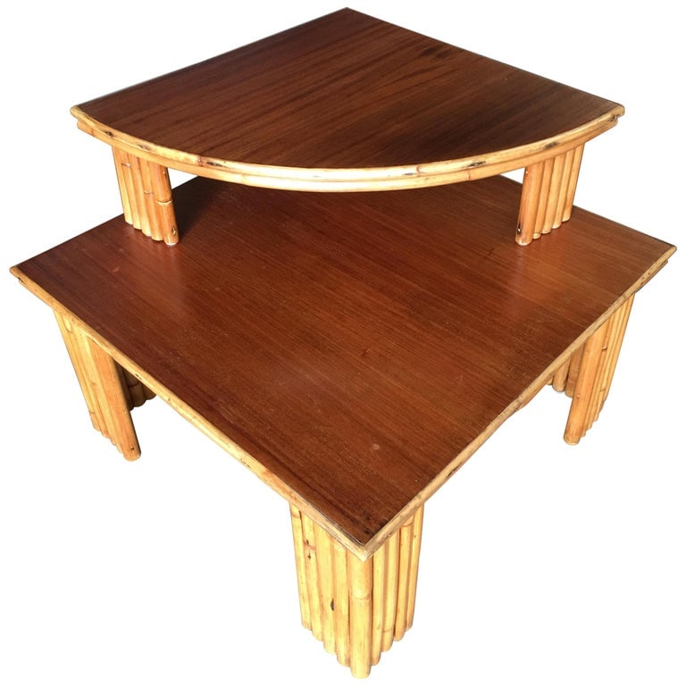 Restored Rattan Corner Side Table with Removable Mahogany Second Tier - 2
