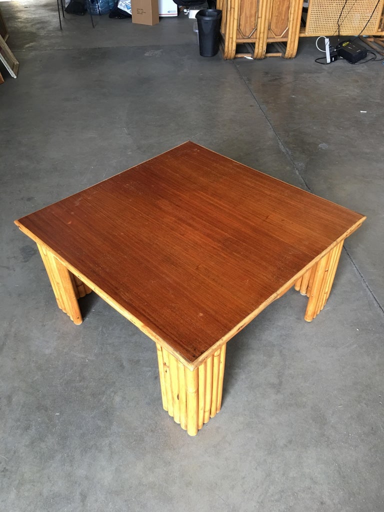 Restored Rattan Corner Side Table with Removable Mahogany Second Tier - 3