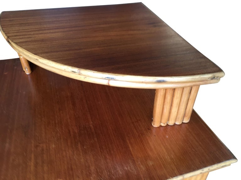 Restored Rattan Corner Side Table with Removable Mahogany Second Tier - 5