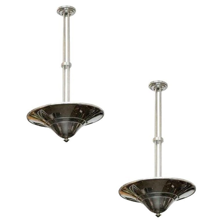 Streamline Art Deco Chrom Steel Saturn Saucer Ceiling Pendant Lamp, Pair (1 of 8)