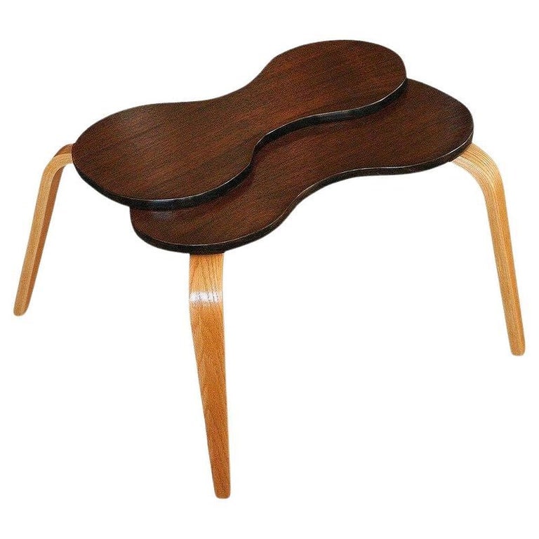 Jens Risom Style Two-tone Stepped Biomorphic Bent Plywood & Mahogany Side Table - 2
