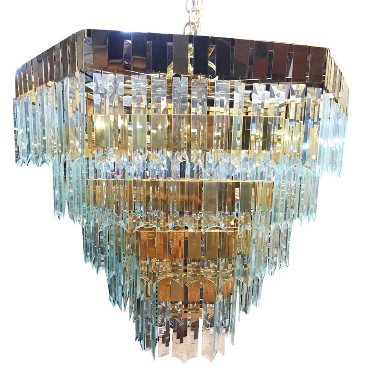 1970's Late Modernist Hanging Crystal and Brass Chandelier, 2 Available - 3