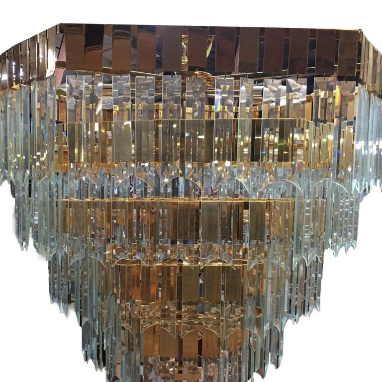 1970's Late Modernist Hanging Crystal and Brass Chandelier, 2 Available - 4