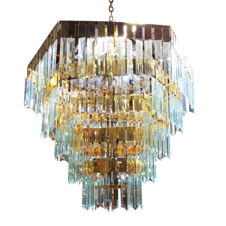 1970's Late Modernist Hanging Crystal and Brass Chandelier, 2 Available - 5