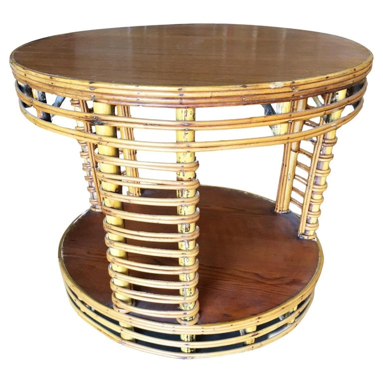 Restored MCM Two Tier Round Stick Reed Rattan Coffee Table With Mahogany - 2