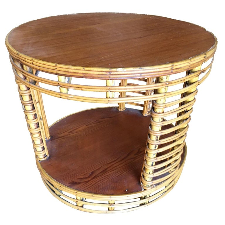 Restored MCM Two Tier Round Stick Reed Rattan Coffee Table With Mahogany - 3