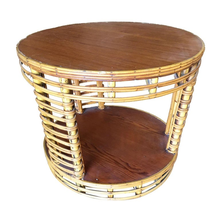 Restored MCM Two Tier Round Stick Reed Rattan Coffee Table With Mahogany - 4