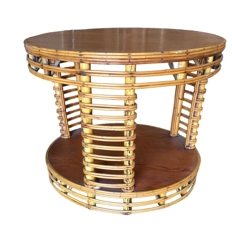 Restored MCM Two Tier Round Stick Reed Rattan Coffee Table With Mahogany - 5
