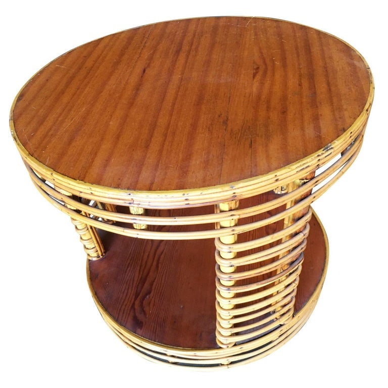Restored MCM Two Tier Round Stick Reed Rattan Coffee Table With Mahogany - 6