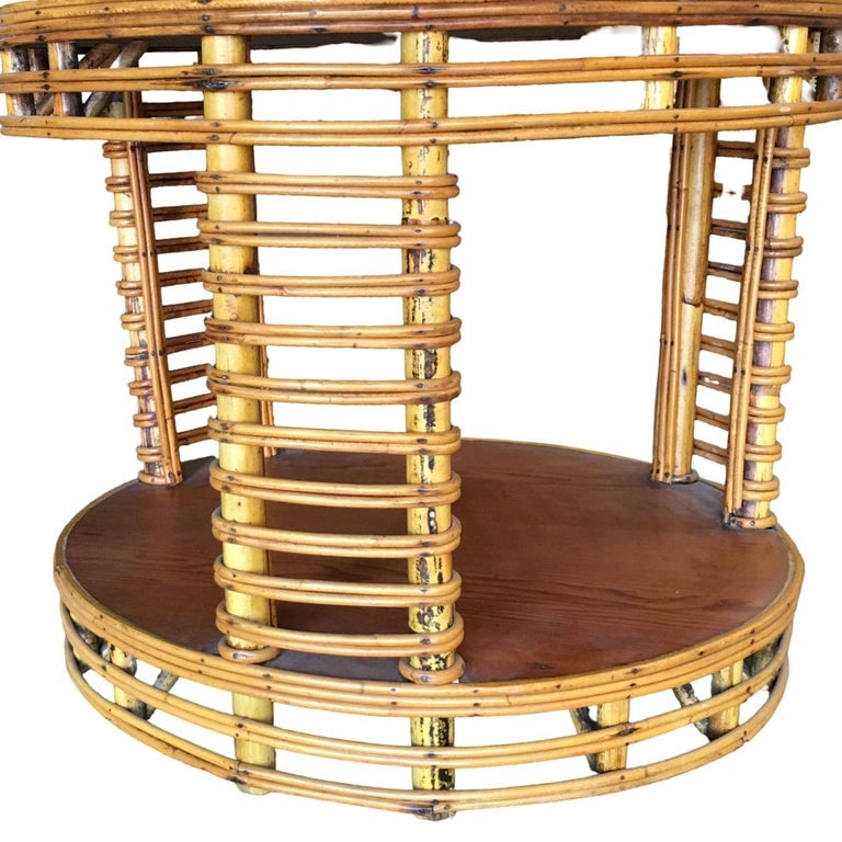 Restored MCM Two Tier Round Stick Reed Rattan Coffee Table With Mahogany - 7